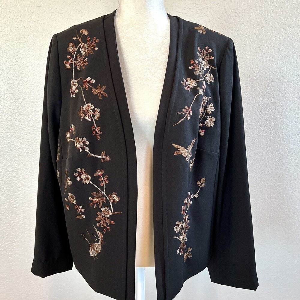 Vintage Monsoon Jacket Sz 14 Black Floral Bird Butterfly Detail Fine Embroidered